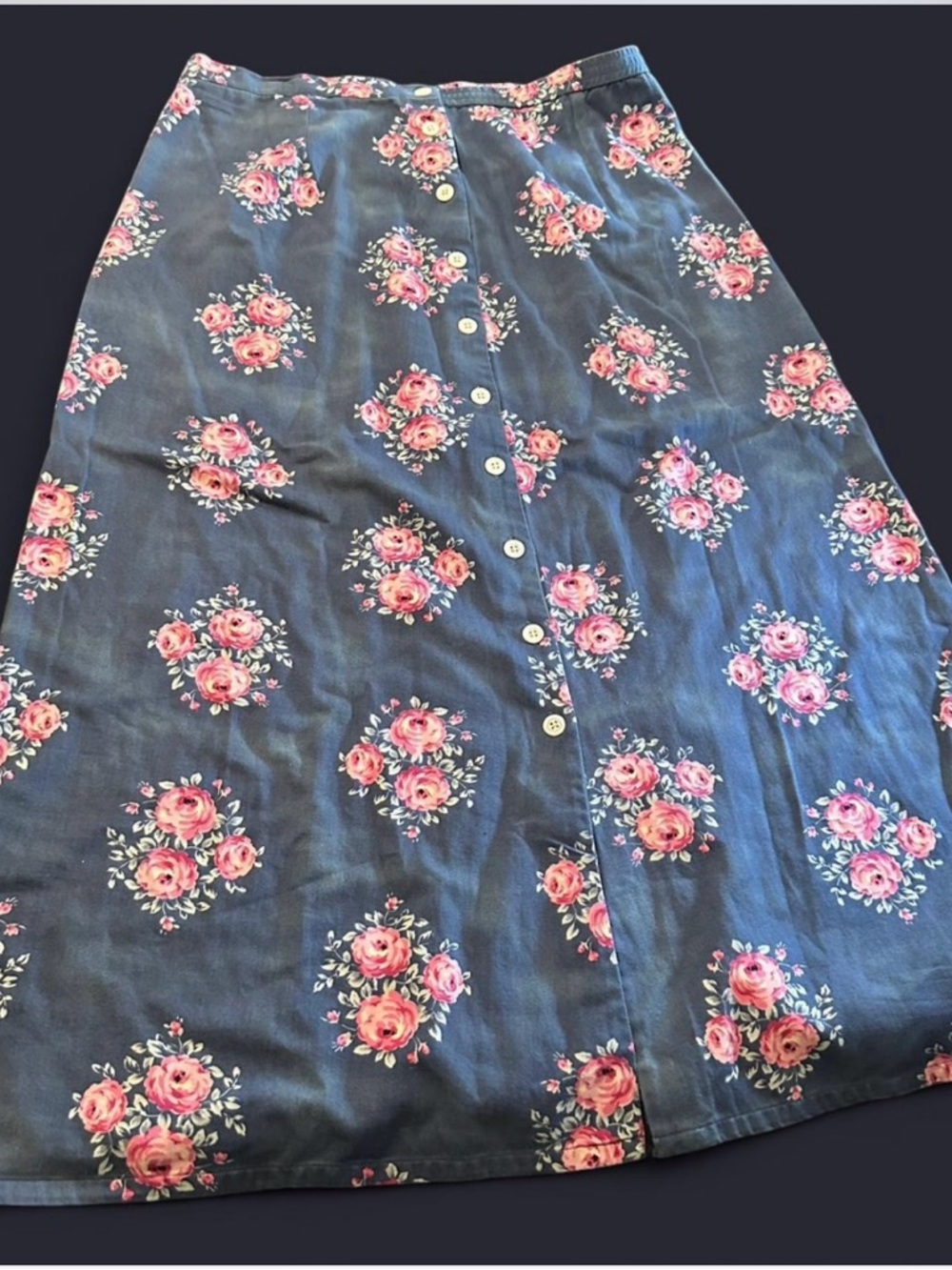 Vintage 90's Liz Claiborne Navy A-Line Skirt with Pink Rose Print